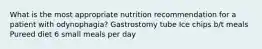 What is the most appropriate nutrition recommendation for a patient with odynophagia? Gastrostomy tube Ice chips b/t meals Pureed diet 6 small meals per day