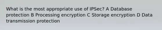 What is the most appropriate use of IPSec? A Database protection B Processing encryption C Storage encryption D Data transmission protection