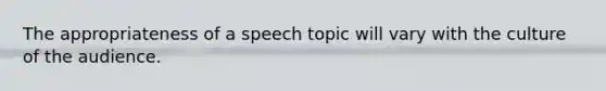 The appropriateness of a speech topic will vary with the culture of the audience.