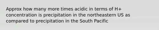 Approx how many more times acidic in terms of H+ concentration is precipitation in the northeastern US as compared to precipitation in the South Pacific