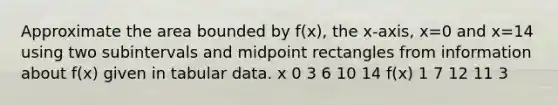 Approximate the area bounded by f(x), the x-axis, x=0 and x=14 using two subintervals and midpoint rectangles from information about f(x) given in tabular data. x 0 3 6 10 14 f(x) 1 7 12 11 3