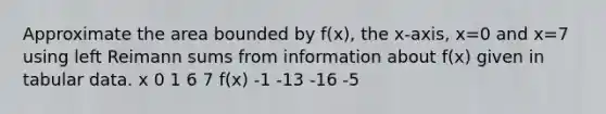 Approximate the area bounded by f(x), the x-axis, x=0 and x=7 using left Reimann sums from information about f(x) given in tabular data. x 0 1 6 7 f(x) -1 -13 -16 -5