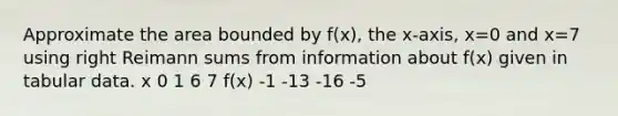 Approximate the area bounded by f(x), the x-axis, x=0 and x=7 using right Reimann sums from information about f(x) given in tabular data. x 0 1 6 7 f(x) -1 -13 -16 -5