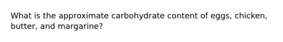 What is the approximate carbohydrate content of eggs, chicken, butter, and margarine?