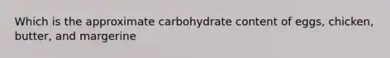 Which is the approximate carbohydrate content of eggs, chicken, butter, and margerine