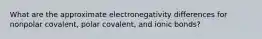 What are the approximate electronegativity differences for nonpolar covalent, polar covalent, and ionic bonds?