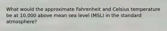 What would the approximate Fahrenheit and Celsius temperature be at 10,000 above mean sea level (MSL) in the standard atmosphere?