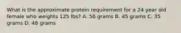 What is the approximate protein requirement for a 24 year old female who weights 125 lbs? A. 56 grams B. 45 grams C. 35 grams D. 48 grams