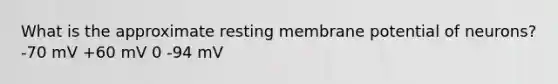 What is the approximate resting membrane potential of neurons? -70 mV +60 mV 0 -94 mV