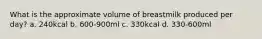 What is the approximate volume of breastmilk produced per day? a. 240kcal b. 600-900ml c. 330kcal d. 330-600ml