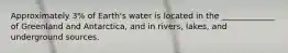 Approximately 3% of Earth's water is located in the _____________ of Greenland and Antarctica, and in rivers, lakes, and underground sources.