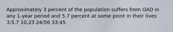 Approximately 3 percent of the population suffers from GAD in any 1-year period and 5.7 percent at some point in their lives 3;5.7 10,23 24/56 33;45