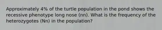 Approximately 4% of the turtle population in the pond shows the recessive phenotype long nose (nn). What is the frequency of the heterozygotes (Nn) in the population?