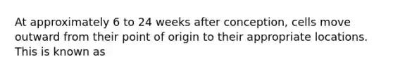 At approximately 6 to 24 weeks after conception, cells move outward from their point of origin to their appropriate locations. This is known as