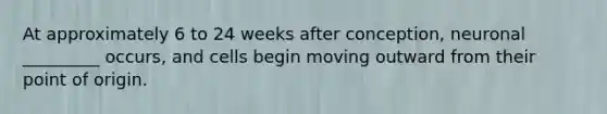 At approximately 6 to 24 weeks after conception, neuronal _________ occurs, and cells begin moving outward from their point of origin.