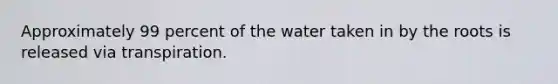 Approximately 99 percent of the water taken in by the roots is released via transpiration.