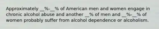 Approximately __%-__% of American men and women engage in chronic alcohol abuse and another __% of men and __%-__% of women probably suffer from alcohol dependence or alcoholism.