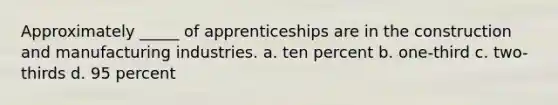 Approximately _____ of apprenticeships are in the construction and manufacturing industries. a. ten percent b. one-third c. two-thirds d. 95 percent