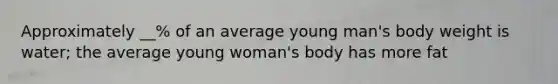 Approximately __% of an average young man's body weight is water; the average young woman's body has more fat