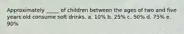 Approximately _____ of children between the ages of two and five years old consume soft drinks. a. 10% b. 25% c. 50% d. 75% e. 90%