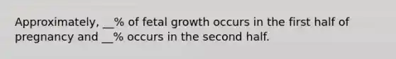 Approximately, __% of fetal growth occurs in the first half of pregnancy and __% occurs in the second half.