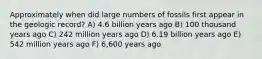 Approximately when did large numbers of fossils first appear in the geologic record? A) 4.6 billion years ago B) 100 thousand years ago C) 242 million years ago D) 6.19 billion years ago E) 542 million years ago F) 6,600 years ago