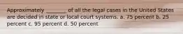 Approximately ________ of all the legal cases in the United States are decided in state or local court systems. a. 75 percent b. 25 percent c. 95 percent d. 50 percent