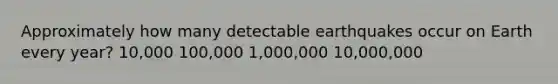 Approximately how many detectable earthquakes occur on Earth every year? 10,000 100,000 1,000,000 10,000,000