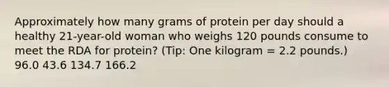 Approximately how many grams of protein per day should a healthy 21-year-old woman who weighs 120 pounds consume to meet the RDA for protein? (Tip: One kilogram = 2.2 pounds.) 96.0 43.6 134.7 166.2