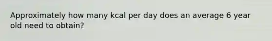 Approximately how many kcal per day does an average 6 year old need to obtain?