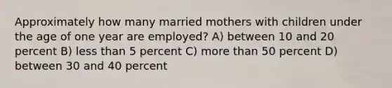 Approximately how many married mothers with children under the age of one year are employed? A) between 10 and 20 percent B) less than 5 percent C) more than 50 percent D) between 30 and 40 percent