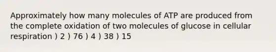 Approximately how many molecules of ATP are produced from the complete oxidation of two molecules of glucose in cellular respiration ) 2 ) 76 ) 4 ) 38 ) 15