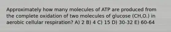 Approximately how many molecules of ATP are produced from the complete oxidation of two molecules of glucose (CH,O.) in aerobic cellular respiration? A) 2 B) 4 C) 15 D) 30-32 E) 60-64