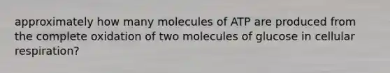 approximately how many molecules of ATP are produced from the complete oxidation of two molecules of glucose in cellular respiration?