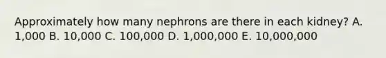 Approximately how many nephrons are there in each kidney? A. 1,000 B. 10,000 C. 100,000 D. 1,000,000 E. 10,000,000