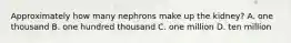Approximately how many nephrons make up the kidney? A. one thousand B. one hundred thousand C. one million D. ten million