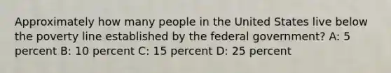 Approximately how many people in the United States live below the poverty line established by the federal government? A: 5 percent B: 10 percent C: 15 percent D: 25 percent