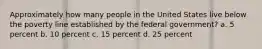 Approximately how many people in the United States live below the poverty line established by the federal government? a. 5 percent b. 10 percent c. 15 percent d. 25 percent