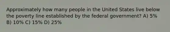 Approximately how many people in the United States live below the poverty line established by the federal government? A) 5% B) 10% C) 15% D) 25%