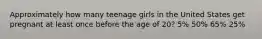 Approximately how many teenage girls in the United States get pregnant at least once before the age of 20? 5% 50% 65% 25%