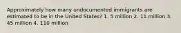 Approximately how many undocumented immigrants are estimated to be in the United States? 1. 5 million 2. 11 million 3. 45 million 4. 110 million