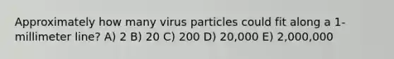 Approximately how many virus particles could fit along a 1-millimeter line? A) 2 B) 20 C) 200 D) 20,000 E) 2,000,000