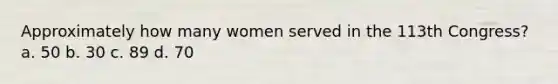 Approximately how many women served in the 113th Congress? a. 50 b. 30 c. 89 d. 70