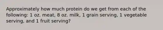 Approximately how much protein do we get from each of the following: 1 oz. meat, 8 oz. milk, 1 grain serving, 1 vegetable serving, and 1 fruit serving?