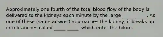 Approximately one fourth of the total blood flow of the body is delivered to the kidneys each minute by the large _____ _____. As one of these (same answer) approaches the kidney, it breaks up into branches called _____ _____, which enter the hilum.