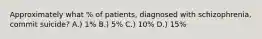 Approximately what % of patients, diagnosed with schizophrenia, commit suicide? A.) 1% B.) 5% C.) 10% D.) 15%