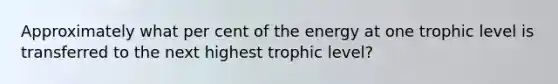 Approximately what per cent of the energy at one trophic level is transferred to the next highest trophic level?