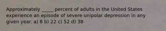 Approximately _____ percent of adults in the United States experience an episode of severe unipolar depression in any given year. a) 8 b) 22 c) 52 d) 38