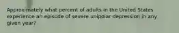 Approximately what percent of adults in the United States experience an episode of severe unipolar depression in any given year?