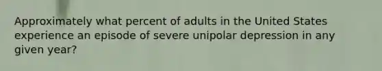 Approximately what percent of adults in the United States experience an episode of severe unipolar depression in any given year?